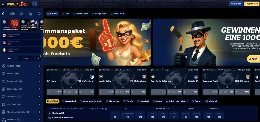 Pagina principale del Sportsbook Gangstasino con quote calcio, elenco degli sport e navigazione delle scommesse live in panoramica